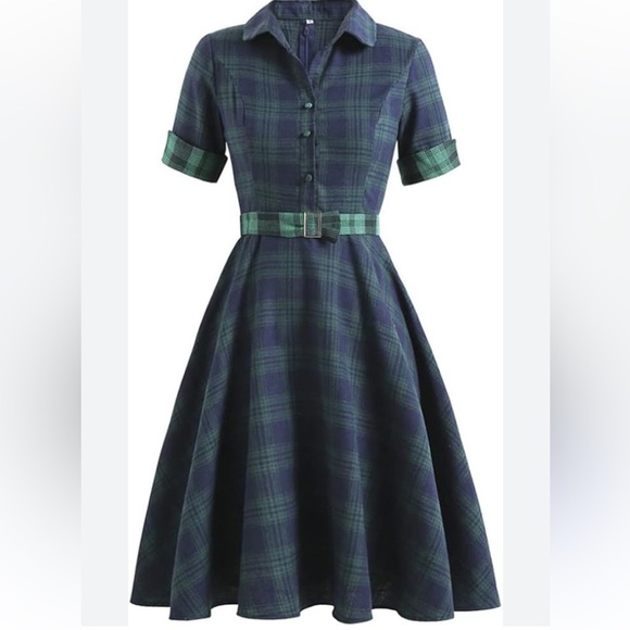 Plaids 1950s Buttoned Belted Swing Dress new - Picture 1 of 8